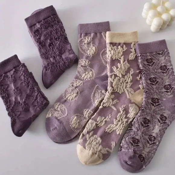 5 pairs of floral purple print socks - Picture 2 of 4